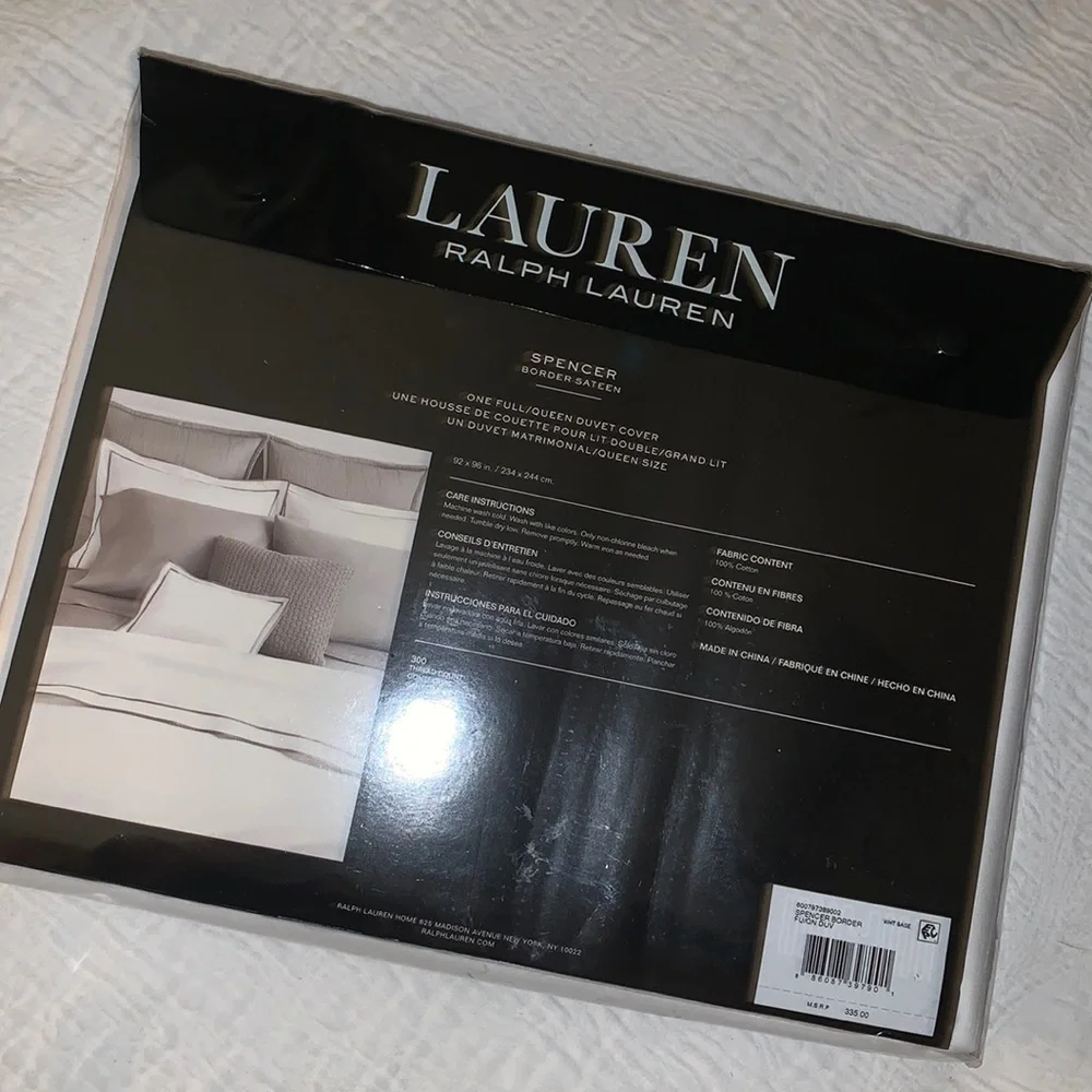 Ralph Lauren Spencer Sateen Duvet Cover F/Q White NWT Sage Trim 300TC $335